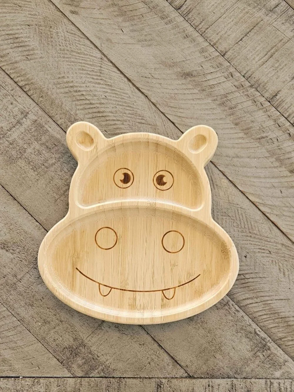 New! Bamboo Toddler Plate | Hippo Plate with Gray & Pink Suction